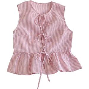 imageOYOANGLE Womens Striped Print Tie Front Bow Knot Crew Neck Sleeveless Tank Blouses Ruffle Peplum TopsRed and White