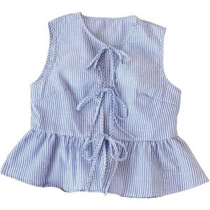 imageOYOANGLE Womens Striped Print Tie Front Bow Knot Crew Neck Sleeveless Tank Blouses Ruffle Peplum TopsRoyal Blue