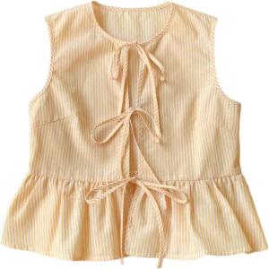 imageOYOANGLE Womens Striped Print Tie Front Bow Knot Crew Neck Sleeveless Tank Blouses Ruffle Peplum TopsYellow