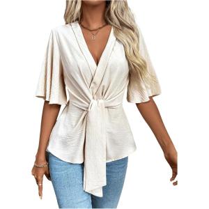 imageOYOANGLE Womens Textured Wrap V Neck Ruffle Short Sleeve Ruched Blouse Tie Front Tunic TopsBeige