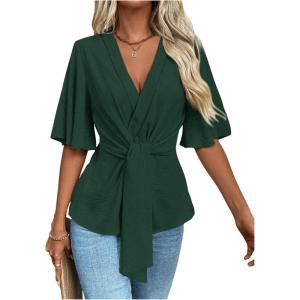 imageOYOANGLE Womens Textured Wrap V Neck Ruffle Short Sleeve Ruched Blouse Tie Front Tunic TopsDark Green