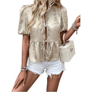 imageOYOANGLE Womens Tie Front Babydoll Blouses Crew Neck Puff Short Sleeve Ruffle Hem Peplum TopApricot