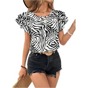 imageOYOANGLE Womens Zebra Print Crew Neck Ruffle Cap Sleeve Blouses Elegant Casual Shirt TopsBlack and White