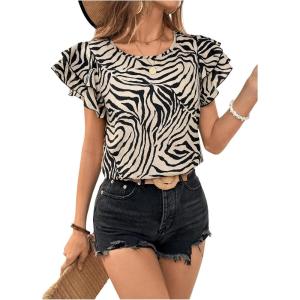 imageOYOANGLE Womens Zebra Print Crew Neck Ruffle Cap Sleeve Blouses Elegant Casual Shirt TopsMulticolor