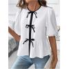 imageOYOANGLE Womens Contrast Binding Bow Front Peplum Blouse Crew Neck Puff Short Sleeve Y2K Babydoll TopBlack and White