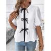 imageOYOANGLE Womens Contrast Binding Bow Front Peplum Blouse Crew Neck Puff Short Sleeve Y2K Babydoll TopBlack and White