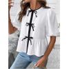 imageOYOANGLE Womens Contrast Binding Bow Front Peplum Blouse Crew Neck Puff Short Sleeve Y2K Babydoll TopBlack and White