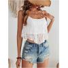 imageOYOANGLE Womens Contrast Lace Double Layers Camisoles Spaghetti Strap Ruffle Asymmetrical Hem Cami Crop TopsWhite