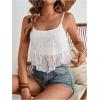imageOYOANGLE Womens Contrast Lace Double Layers Camisoles Spaghetti Strap Ruffle Asymmetrical Hem Cami Crop TopsWhite