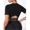 imageOYOANGLE Womens Criss Cross Letter Tape Sports Crop Top Cut Out Crew Neck Fitted TShirts Athletic Tight ShirtsBlack