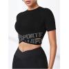 imageOYOANGLE Womens Criss Cross Letter Tape Sports Crop Top Cut Out Crew Neck Fitted TShirts Athletic Tight ShirtsBlack