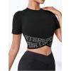 imageOYOANGLE Womens Criss Cross Letter Tape Sports Crop Top Cut Out Crew Neck Fitted TShirts Athletic Tight ShirtsBlack