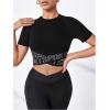 imageOYOANGLE Womens Criss Cross Letter Tape Sports Crop Top Cut Out Crew Neck Fitted TShirts Athletic Tight ShirtsBlack