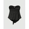 imageOYOANGLE Womens Floral Embroidery Knot Front Strapless Tube Top Party Asymmetrical Hem Flowy Bandeau TopsBlack