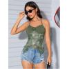 imageOYOANGLE Womens Floral Print Contrast Lace Tie Backless Halter Cami Top Asymmetrical Hem Tank TopsArmy Green