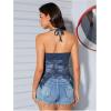 imageOYOANGLE Womens Floral Print Contrast Lace Tie Backless Halter Cami Top Asymmetrical Hem Tank TopsBlue