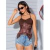 imageOYOANGLE Womens Floral Print Contrast Lace Tie Backless Halter Cami Top Asymmetrical Hem Tank TopsBrown
