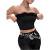 imageOYOANGLE Womens Fuzzy Trim Strapless Sleeveless Solid Fitted Bandeau Crop Tube TopBlack