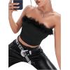 imageOYOANGLE Womens Fuzzy Trim Strapless Sleeveless Solid Fitted Bandeau Crop Tube TopBlack