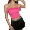 imageOYOANGLE Womens Fuzzy Trim Strapless Sleeveless Solid Fitted Bandeau Crop Tube TopHot Pink