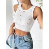 imageOYOANGLE Womens Heart Embroidery Ribbed Knit Crop Tank Tops Slim Fitted Crew Neck Sleeveless TopWhite