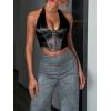 imageOYOANGLE Womens Hook and Eye Halter Corset Top V Neck Backless Sleeveless Crop Bustier TopsBlack