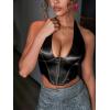 imageOYOANGLE Womens Hook and Eye Halter Corset Top V Neck Backless Sleeveless Crop Bustier TopsBlack
