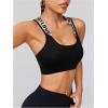 imageOYOANGLE Womens Letter Print Criss Cross Back Sports Bras Seamless Wireless Strappy Athletic Yoga Crop TopsBlack