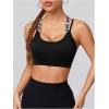 imageOYOANGLE Womens Letter Print Criss Cross Back Sports Bras Seamless Wireless Strappy Athletic Yoga Crop TopsBlack