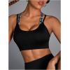 imageOYOANGLE Womens Letter Print Criss Cross Back Sports Bras Seamless Wireless Strappy Athletic Yoga Crop TopsBlack