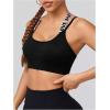 imageOYOANGLE Womens Letter Print Criss Cross Back Sports Bras Seamless Wireless Strappy Athletic Yoga Crop TopsBlack