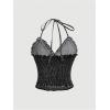 imageOYOANGLE Womens Lettuce Trim Spaghetti Straps Tie Backless Halter Denim Top Slim Fitted Jean Cami TopsBlack
