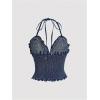 imageOYOANGLE Womens Lettuce Trim Spaghetti Straps Tie Backless Halter Denim Top Slim Fitted Jean Cami TopsDark Wash