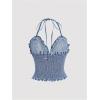 imageOYOANGLE Womens Lettuce Trim Spaghetti Straps Tie Backless Halter Denim Top Slim Fitted Jean Cami TopsMedium Wash