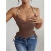 imageOYOANGLE Womens Metal Strap Ruched Tie Back Halter Tops Sleeveless Waffle Knit Tie Side Cami TopsBrown