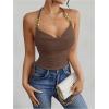 imageOYOANGLE Womens Metal Strap Ruched Tie Back Halter Tops Sleeveless Waffle Knit Tie Side Cami TopsBrown