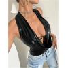 imageOYOANGLE Womens Metallic Draped Front Cowl Neck Halter Top Backless Slim Fit Y2k Club Party Crop Tank TopsBlack