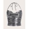 imageOYOANGLE Womens Metallic Sleeveless Tie Backless Ruched Y2K Streetwear Slim Fit Halter TopsPure Silver