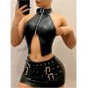 imageOYOANGLE Womens PU Leather Buckle Zipper Front Halter Tank Tops Y2k Backless Asymmetrical Hem Crop TopBlack