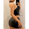 imageOYOANGLE Womens PU Leather Buckle Zipper Front Halter Tank Tops Y2k Backless Asymmetrical Hem Crop TopBlack