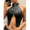 imageOYOANGLE Womens PU Leather Buckle Zipper Front Halter Tank Tops Y2k Backless Asymmetrical Hem Crop TopBlack
