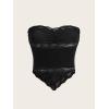 imageOYOANGLE Womens Ruched Lace Trim Strapless Asymmetrical Hem Velvet Bandana Crop Tube TopBlack
