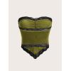 imageOYOANGLE Womens Ruched Lace Trim Strapless Asymmetrical Hem Velvet Bandana Crop Tube TopOlive Green