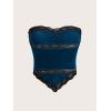 imageOYOANGLE Womens Ruched Lace Trim Strapless Asymmetrical Hem Velvet Bandana Crop Tube TopTeal Blue