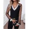 imageOYOANGLE Womens Sequin Contrast Mesh Blouse V Neck Long Sleeve Elegant Blouses Glitter Sheer TopsBlack