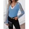 imageOYOANGLE Womens Sequin Contrast Mesh Blouse V Neck Long Sleeve Elegant Blouses Glitter Sheer TopsBlue