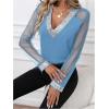imageOYOANGLE Womens Sequin Contrast Mesh Blouse V Neck Long Sleeve Elegant Blouses Glitter Sheer TopsBlue