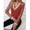 imageOYOANGLE Womens Sequin Contrast Mesh Blouse V Neck Long Sleeve Elegant Blouses Glitter Sheer TopsRed