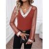 imageOYOANGLE Womens Sequin Contrast Mesh Blouse V Neck Long Sleeve Elegant Blouses Glitter Sheer TopsRed