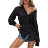 imageOYOANGLE Womens Sheer Button Front Long Sleeve See Through Chiffon Blouse Shirt TopsBlack